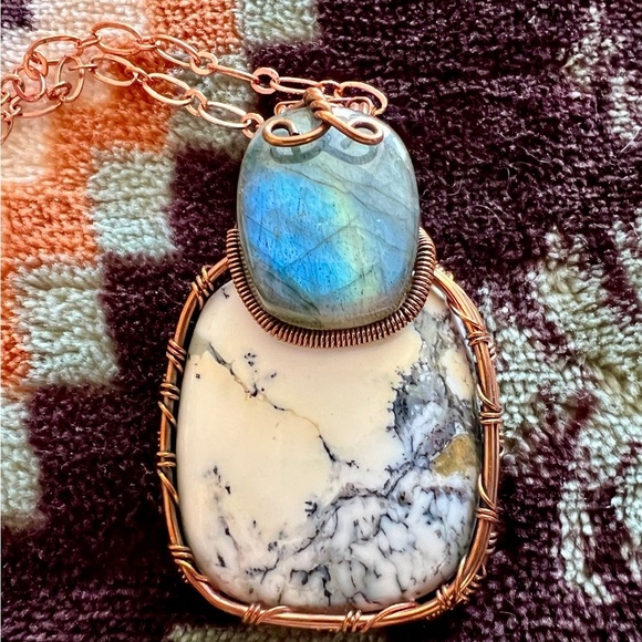 ❤️ Large Dendrite Opal & Howlite Copper Wire Pendant & Paperclip Chain - Picture 3 of 12